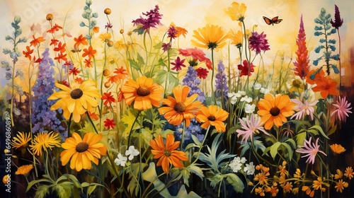  a painting of a field of flowers with a butterfly flying over it.  generative ai © Olga