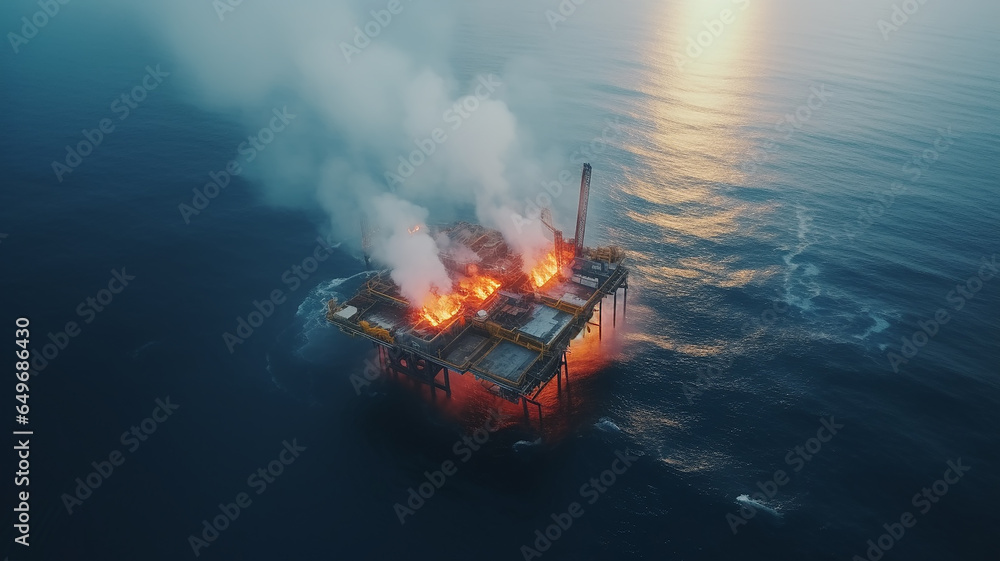 burning oil platform in the sea view from a drone, aerial view