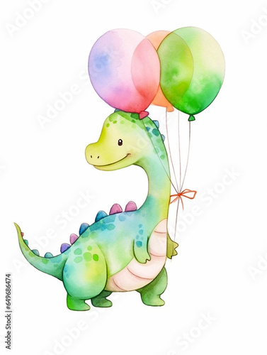Cute dinosaurs with balloon isolated on a white background. Adorable party dino with flying balloons - Birthday card with copy space. Watercolor Collection  No4 .. © PEPPERPOT