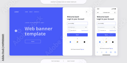 Sign In forms. Registration and login forms page. Desktop and mobile vector template for your design.