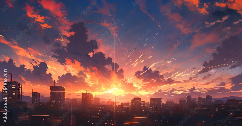 Obraz premium Sunset in the city, anime wallpaper, digital art.