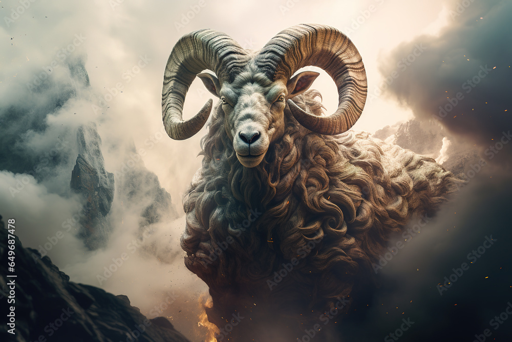 Image of abstract fantasy of bighorn ram with flames and smog. Wildlife Animals. Illustration, Generative AI. Image of abstract fantasy of bighorn ram with flames and smog. Wildlife Animals. Illustration, Generative AI.