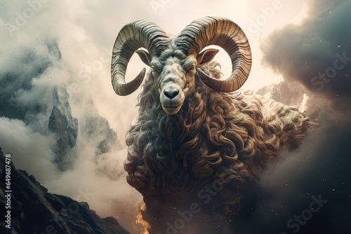 Image of abstract fantasy of bighorn ram with flames and smog. Wildlife Animals. Illustration, Generative AI.