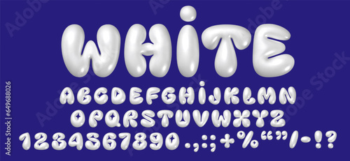 3D white bubble font in Y2K style. Vector isolated English alphabet letters and numbers. Perfect for winter, Christmas, and New Year design