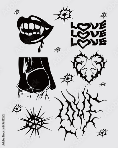 Love metal text symbol brutalism streetwear collage element shape collection set acid poster, tattoo style, tribal illustration vector creepy tshirt design, symbol sick editable