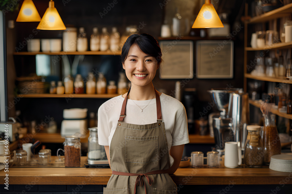 Asian woman barista smiling in cafe coffee shop business concept