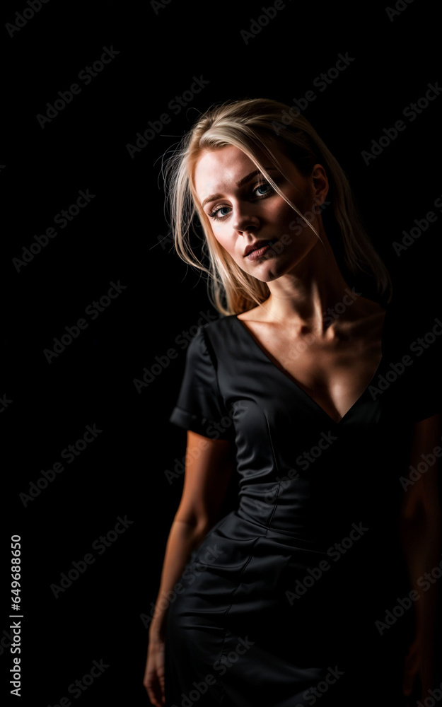 photo of woman wearing a black dress on black background, generative AI