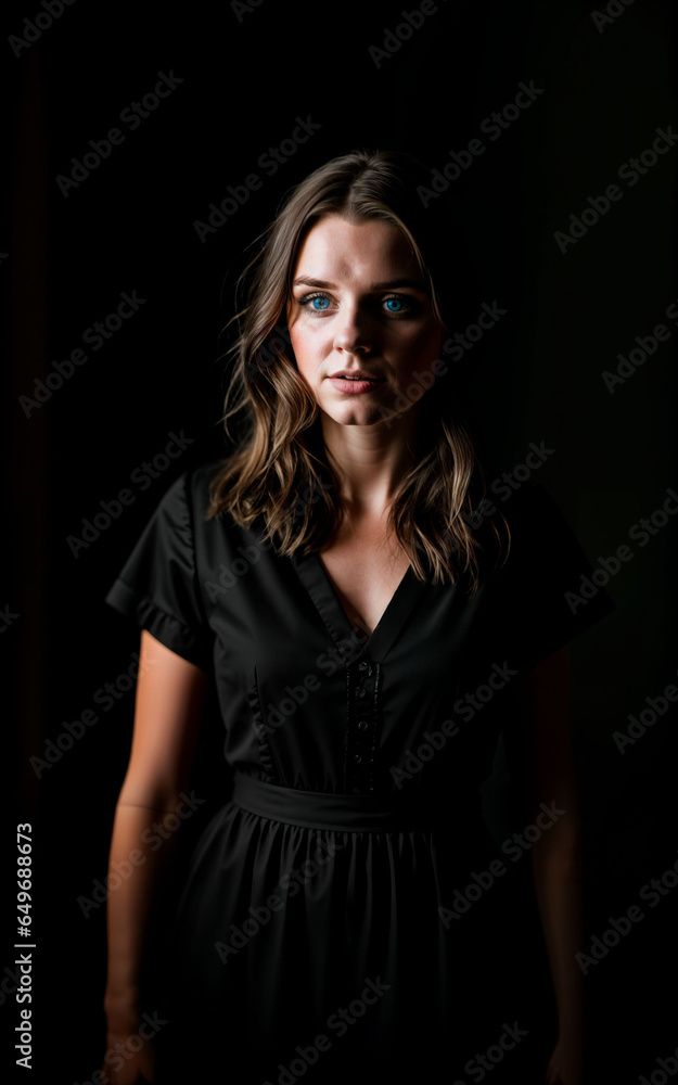 photo of woman wearing a black dress on black background, generative AI