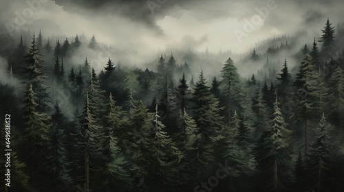  a painting of a forest filled with lots of tall trees.  generative ai © Olga