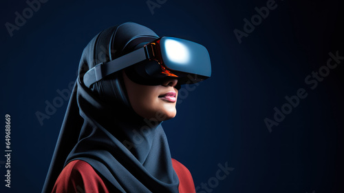 Muslim woman wearing a virtual reality headset, futuristic