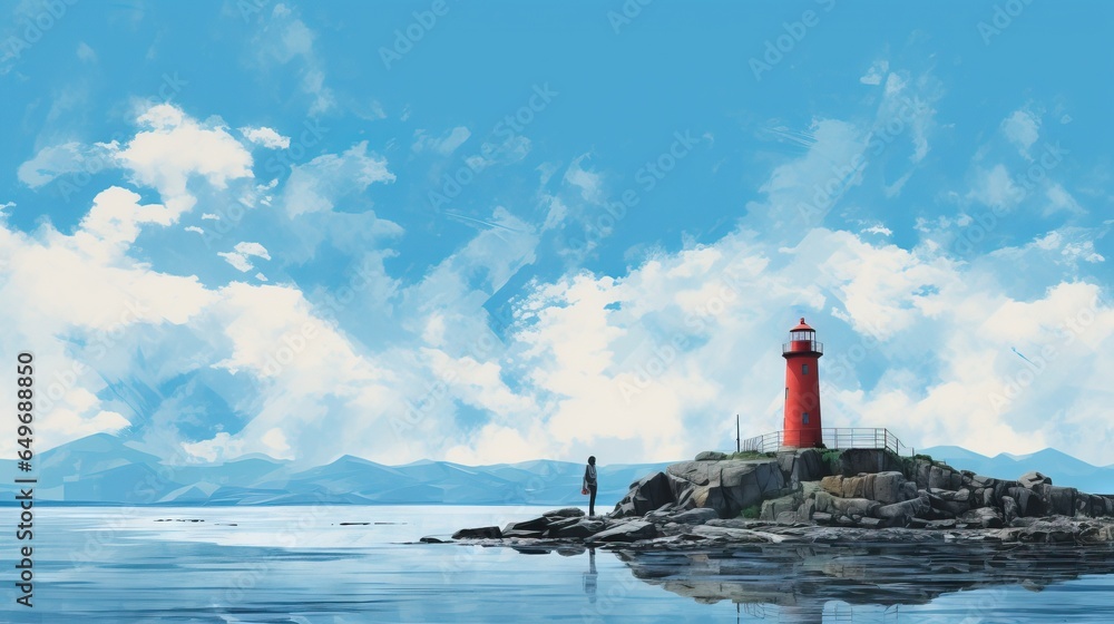  a painting of a red lighthouse on a rocky island in the middle of the ocean.  generative ai