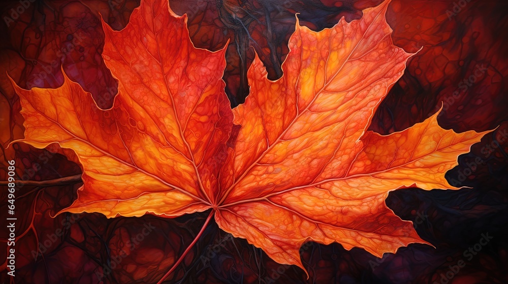 Fototapeta premium a painting of a red and orange leaf on a black background. generative ai