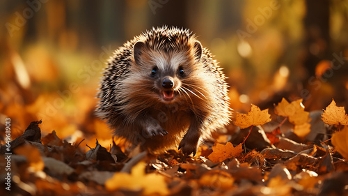 freedom the hedgehog runs through the autumn forest dynamic scene leaves fly around the onset of autumn changes