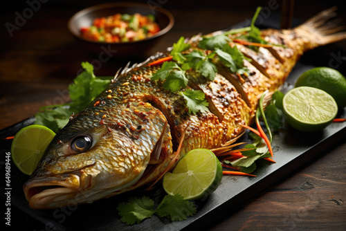Whole fish with a grilled skin Arab food Generative AI photo