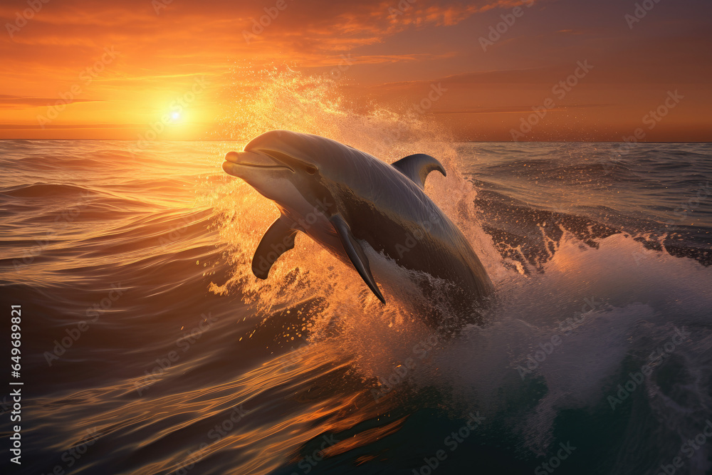 Dolphin jumping out of the sea at beautiful sunset