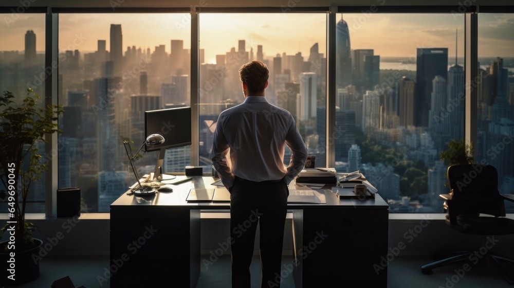 Full body portrait of successful businessman wearing a suit standing near panoramic windows, looking at sunset over city with skyscrapers. View In Modern Office. Business success concept. Copy space Full body portrait of successful businessman wearing a suit standing near panoramic windows, looking at sunset over city with skyscrapers. View In Modern Office. Business success concept. Copy space