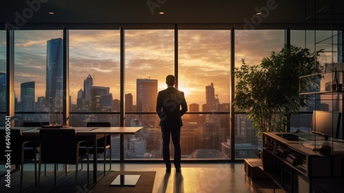 Full body portrait of successful businessman wearing a suit standing near panoramic windows, looking at sunset over city with skyscrapers. View In Modern Office. Business success concept. Copy space
