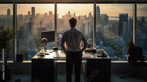 Full body portrait of successful businessman wearing a suit standing near panoramic windows, looking at sunset over city with skyscrapers. View In Modern Office. Business success concept. Copy space