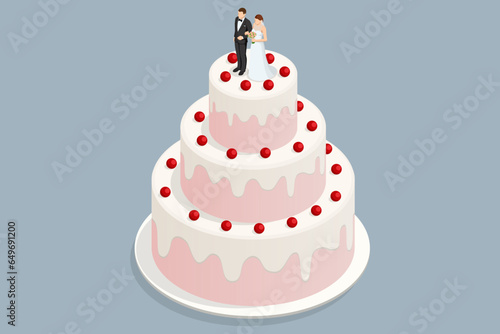 Isometric wedding cake with berries, figurines of bride and groom on top. Sweetness for wedding ceremony. Three-tiered white wedding cake