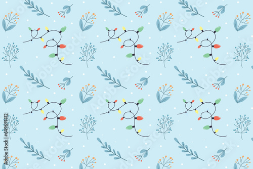 Christmas pattern with cute seasonal elements lights, berries, leaves. Festive background with hand drawn elements, vector illustration in flat style