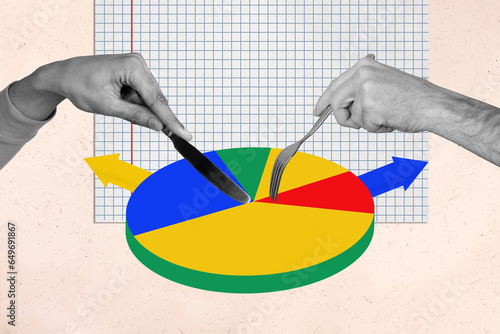 Artwork magazine collage picture of arms cutting nutriscore colorful pie isolated drawing background photo