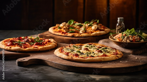 A rustic wooden table featuring three signature pizzas, generative ai.