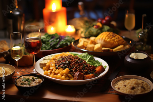  A vegan Thanksgiving spread displayed on a wooden table, featuring plant-based alternatives to traditional dishes