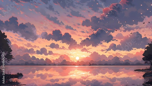 A pixel art illustration of a sunset at thee sea with orange sky and cloud in the style of Anime. Pixel Art