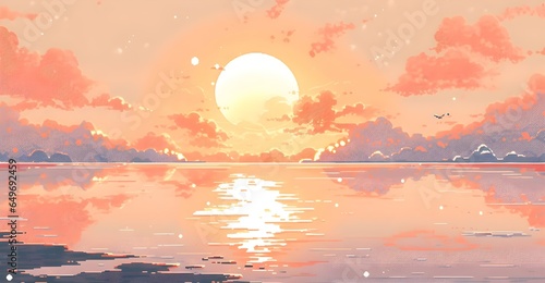 A pixel art illustration of a sunset at thee sea with orange sky and cloud in the style of Anime. Pixel Art photo