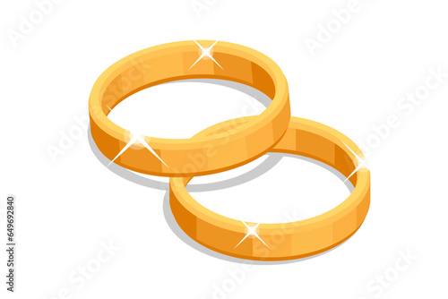 Isometric gold wedding rings isolated on white. Groom, bride, love and wedding