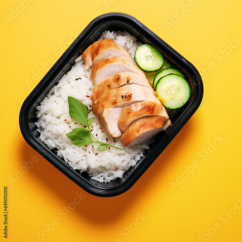 diced cucumber in black square box on light yellow b, generative ai.