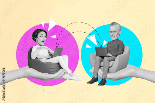 Creative collage illustration absurd huge head miniatures father chatting his daughter laptops lying beanbags isolated on beige background