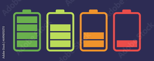 A set of colorful battery charge level indicators in vector format, designed against a dark background.