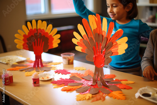 Children are making handprint turkey crafts, a popular Thanksgiving activity that is both fun and educational photo