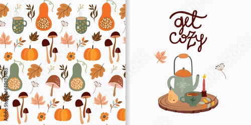 Autumn set including decorative seamless pattern, wallpaper, background with pumpkins and  different seasonal vegetation, greeting card with autumnal design