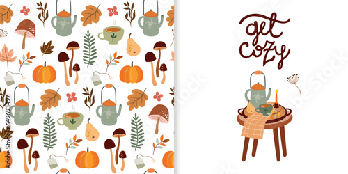 Autumn set including decorative seamless pattern, wallpaper with pumpkin, background with different seasonal cozy elements, and greeting card with autumnal design