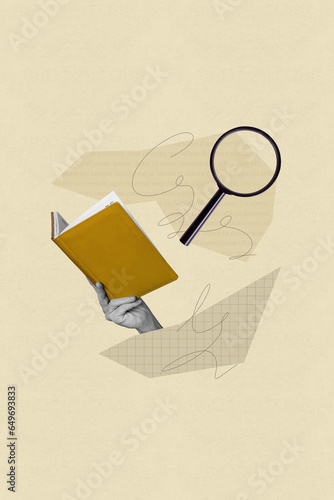 Collage picture image of human arm holding textbook reading detective story isolated on drawing background photo