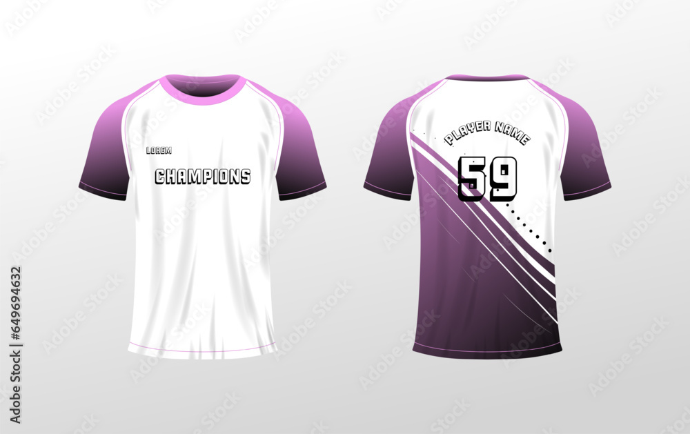 T-shirt mockup. Flat, purple, t-shirt layout, champions text, t-shirt mockup, player name on the back. Vector illustration T-shirt mockup. Flat, purple, t-shirt layout, champions text, t-shirt mockup, player name on the back. Vector illustration