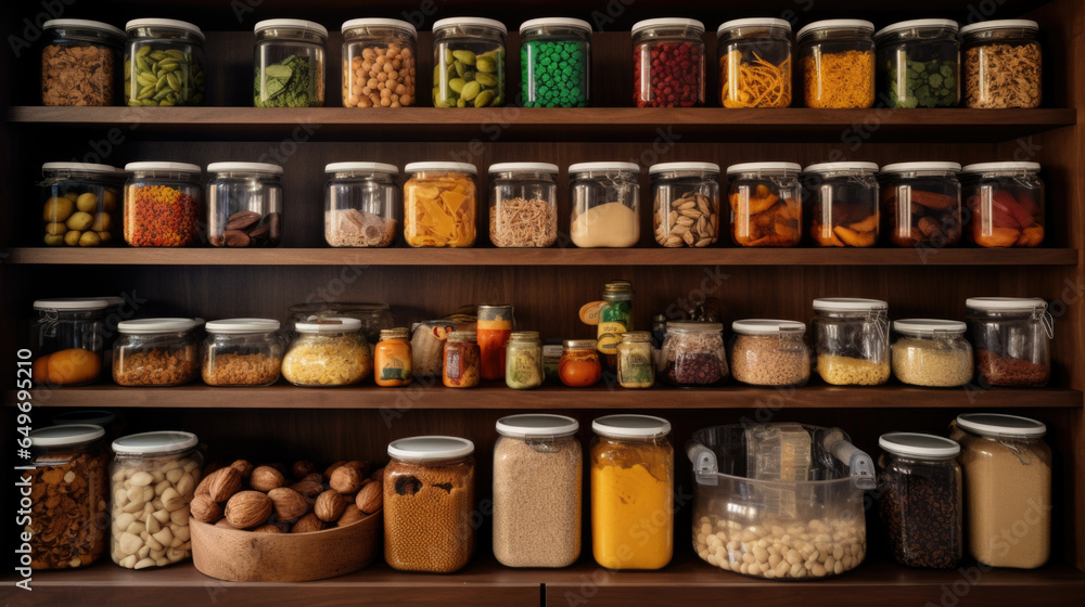 Kitchen shelves with glass jars filled with groceries. concept of zero waste home and lifestyle