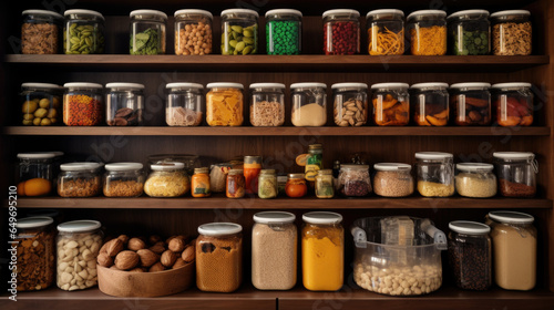 Kitchen shelves with glass jars filled with groceries. concept of zero waste home and lifestyle