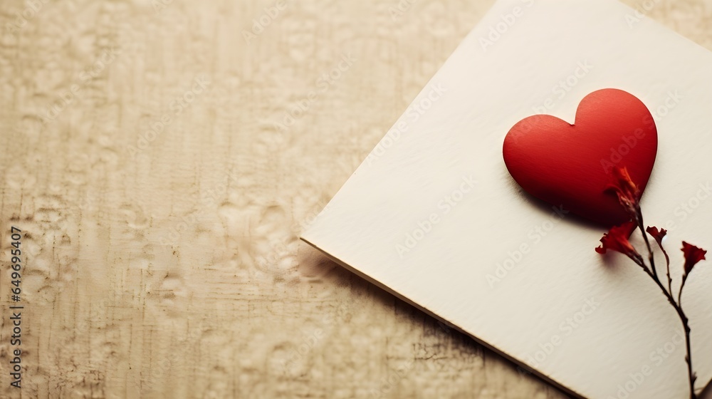 Heart resting on a paper leaf with a beautiful branch, background, and space for inscription Heart resting on a paper leaf with a beautiful branch, background, and space for inscription