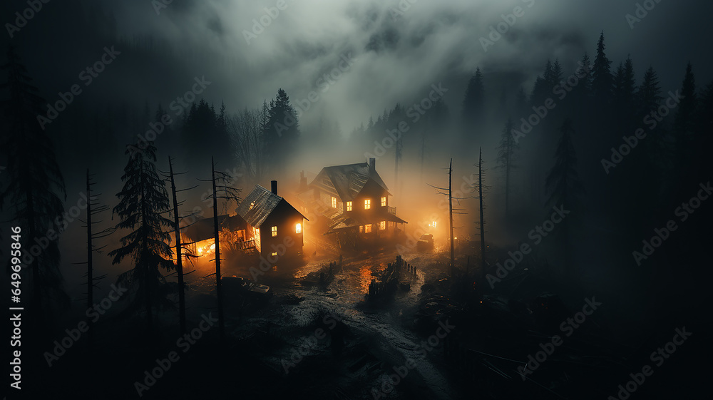 night landscape, mysterious lonely house in misty autumn mountains, thriller, horror, fairy tale