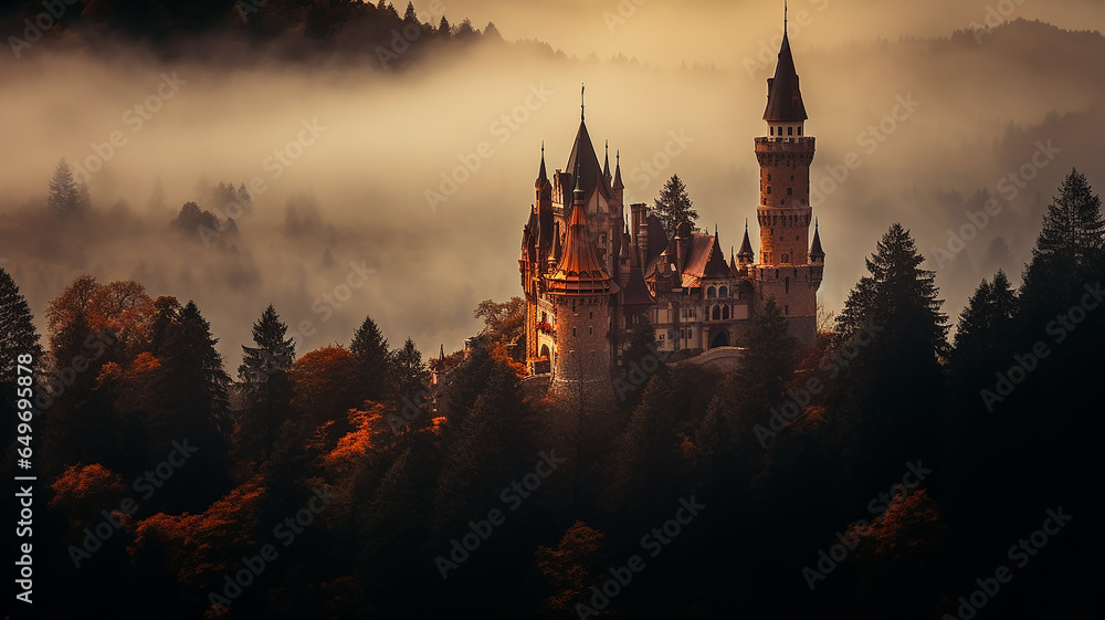 misty landscape in autumn mountains lighting, medieval princess castle glows in the night landscape among the clouds