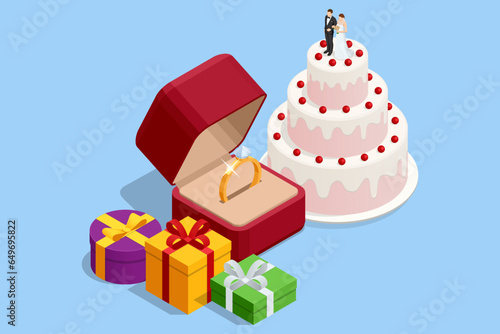 Isometric gift boxes for wedding day. Wedding cake with berries, figurines of bride and groom on top. diamond engagement ring in red box. Wedding proposal and love.