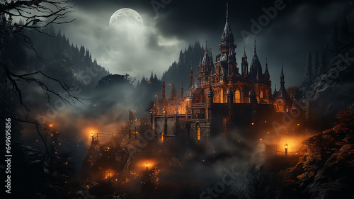 misty landscape in autumn mountains lighting  medieval princess castle glows in the night landscape among the clouds
