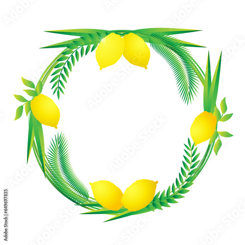 Happy Sukkot, etrog and round palm wreath frame. Decoration background for Jewish holiday Sukkot with lulav, arava, hadas. Vector design