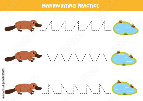 Tracing lines for kids. Platypus and water pond. Handwriting practice.