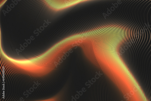 3D gold neon swirl wave lines pattern flowing dynamic gold gradient light on black background. Luxury  concept of technology, digital, communication, science, music 90s style. Vector illustration.