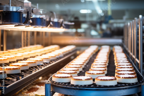 natural lighting of cakes on automated belt conveyor machine in modern bakery food factory. Industry and production distribution concept.