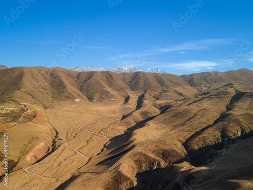 Arial view to the hills and mountains at sunset 